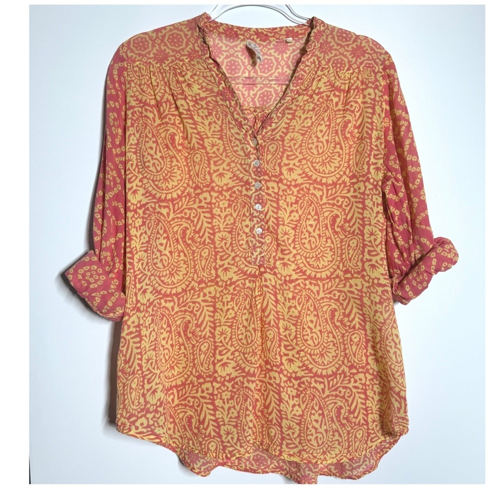 Dolma Womens Pink Yellow Paisley Mixed Print Henley Blouse Boho Small - Picture 6 of 10